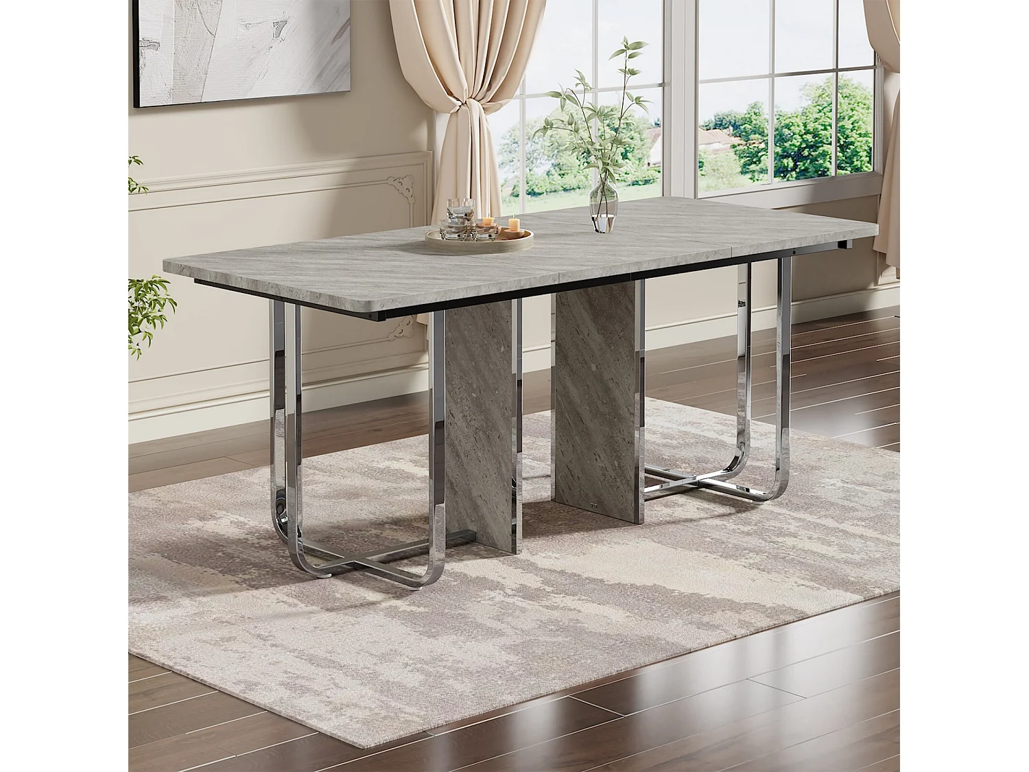 Table à manger 6 à 8 personnes en MDF et métal - Gris et Argent - table à manger rectangle - 180x80x75cm