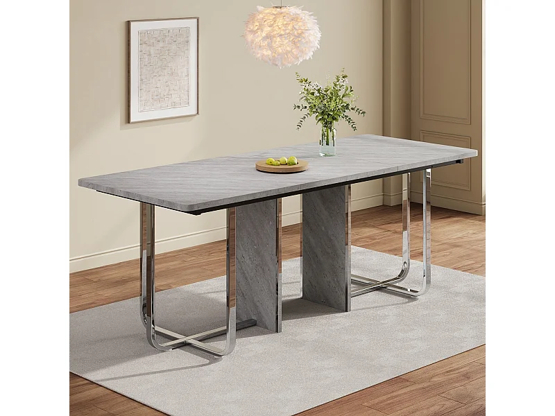 Eettentabel 6 tot 8 personen in MDF en metaal - grijs en zilver - rechthoekige eettafel - 180x80x75cm