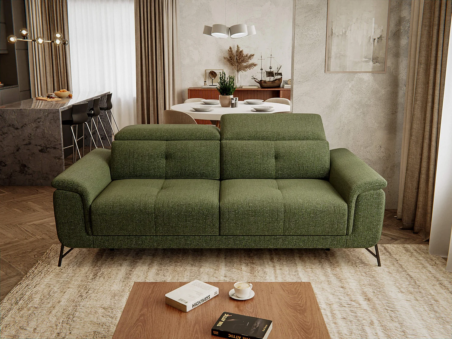 AVENA Sofa 3-Sitzer mit verstellbare Kopfstützen, olive