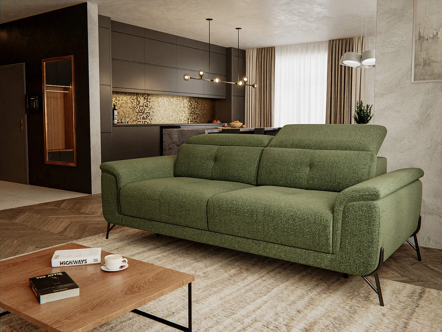 AVENA Sofa 3-Sitzer mit verstellbare Kopfstützen, olive