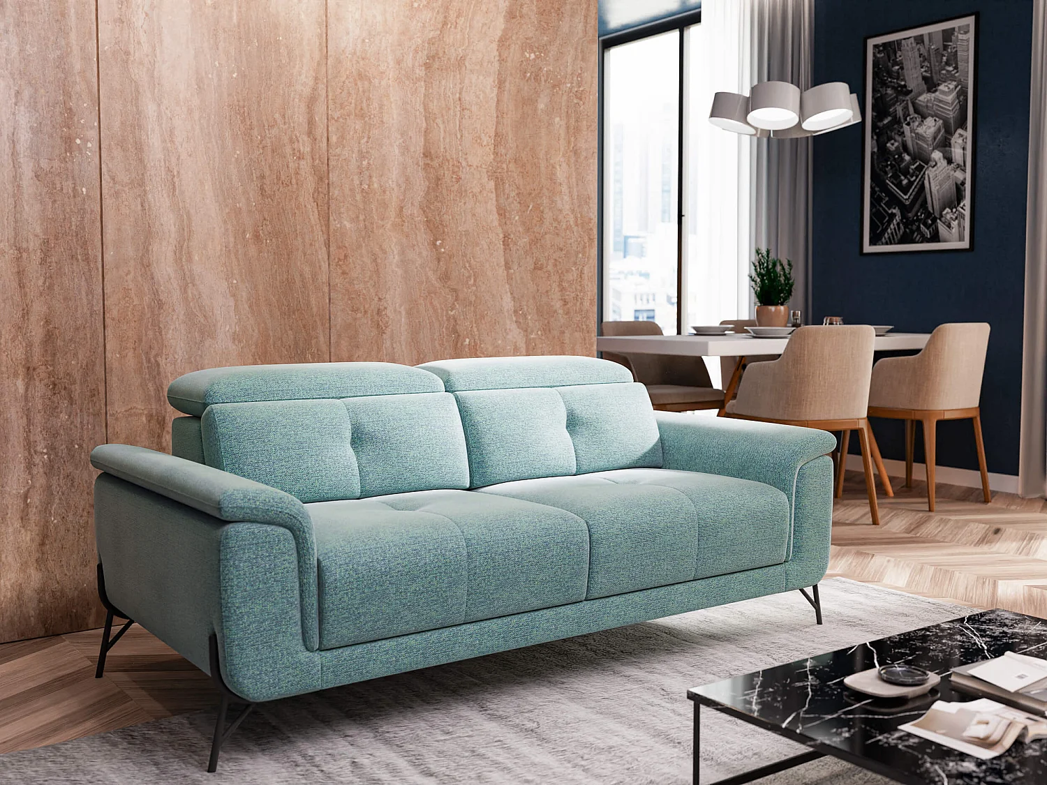 Canapé droit XXL 3 places tissu bleu clair - AVENA