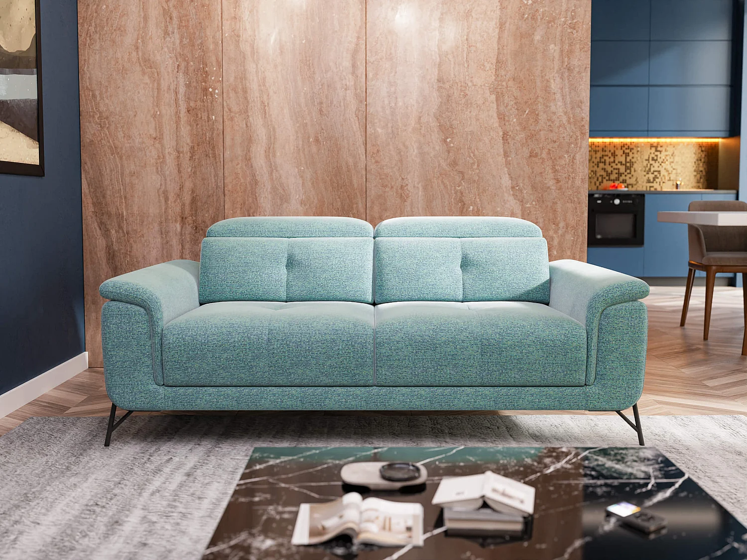 Canapé droit XXL 3 places tissu bleu clair - AVENA