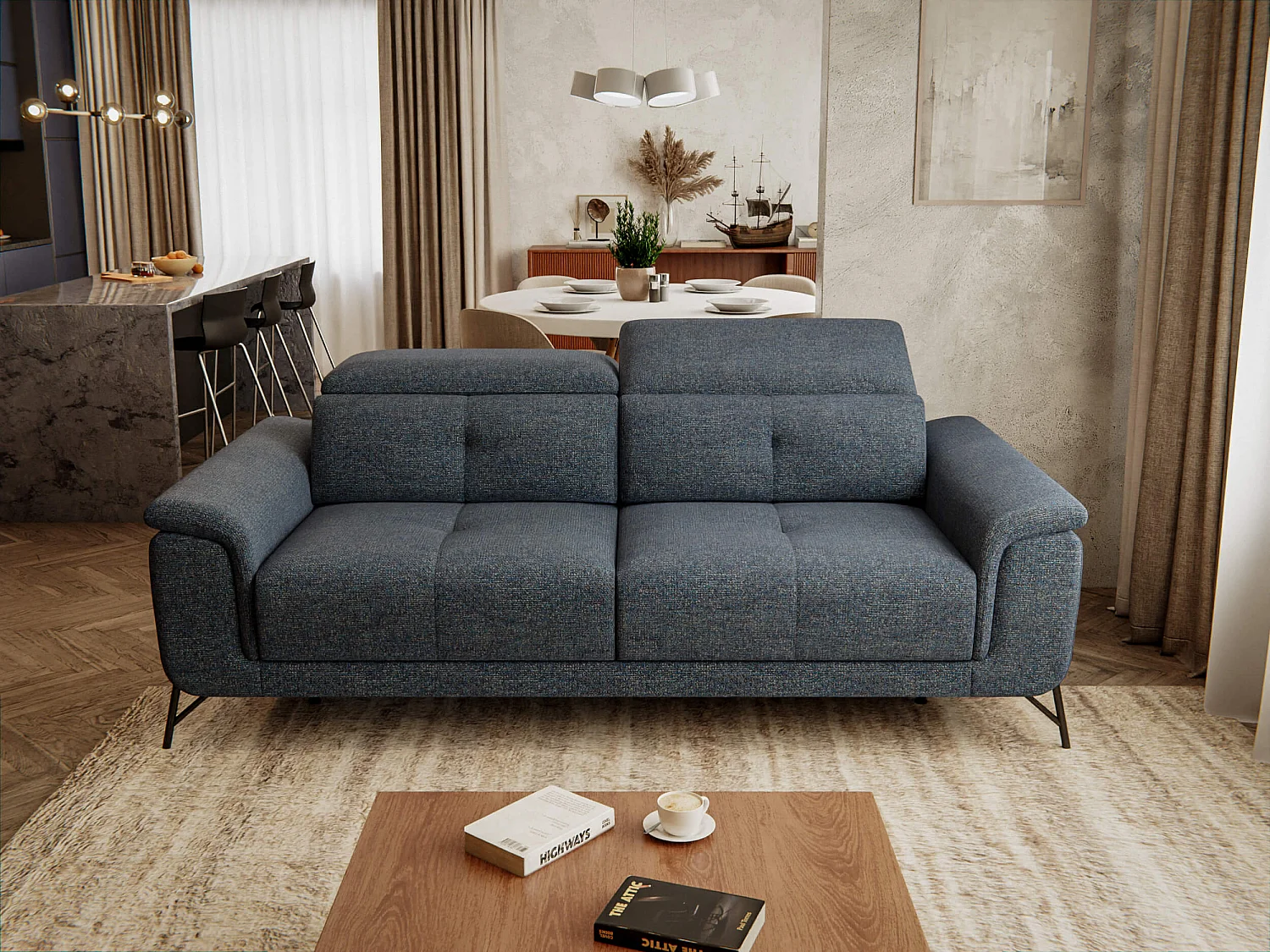 AVENA Sofa 3-Sitzer mit verstellbare Kopfstützen, marineblau
