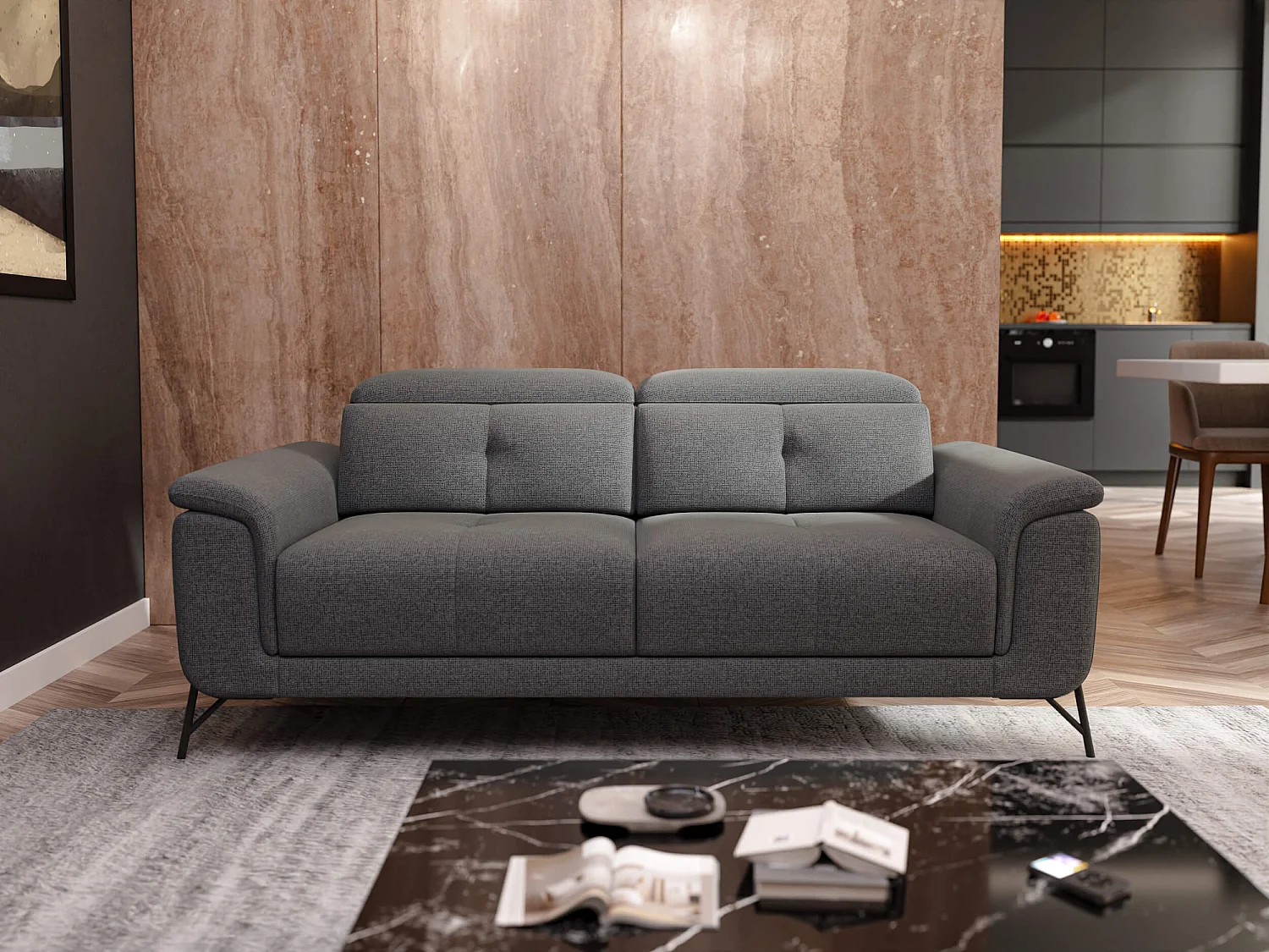 Canapé droit XXL 3 places tissu gris - AVENA