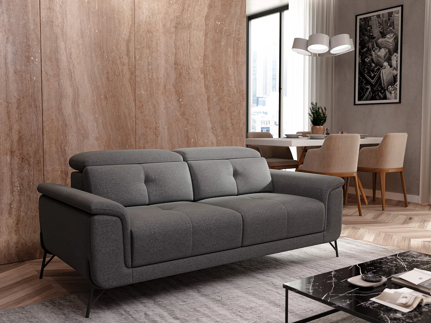 AVENA Sofa 3-Sitzer mit verstellbare Kopfstützen, grau