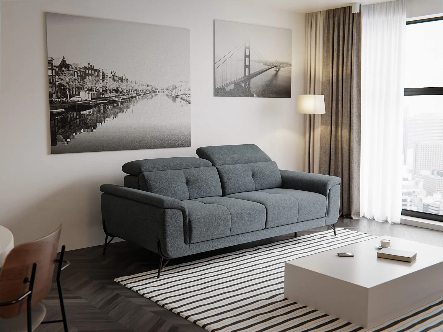 AVENA Sofa 3-Sitzer mit verstellbare Kopfstützen, dunkelgrau