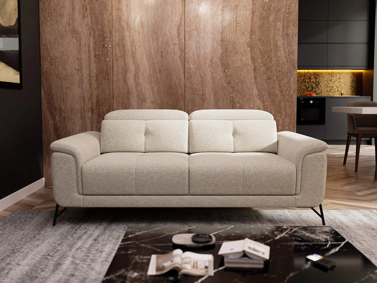 AVENA Sofa 3-Sitzer mit verstellbare Kopfstützen, creme