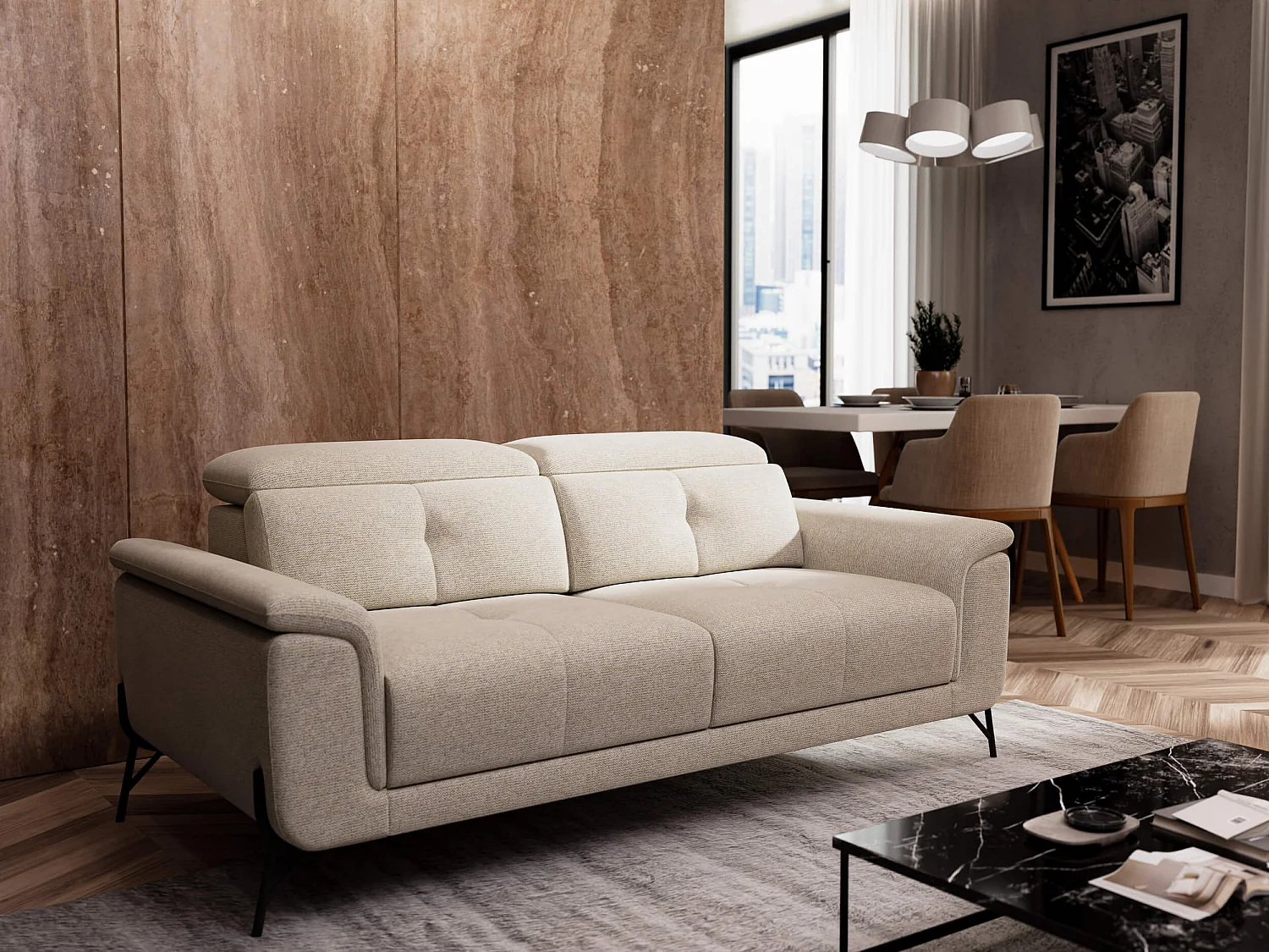 Canapé droit XXL 3 places tissu beige clair - AVENA