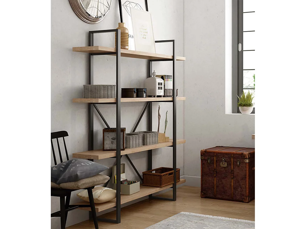 Estantería alta de 180x150x30 cm de madera en color beige con estructura metálica Chic