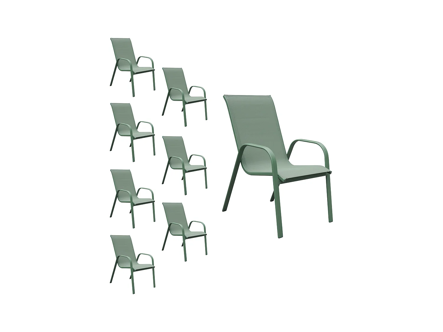 Lot de 8 chaises MARBELLA en textilène vert sauge - aluminium vert sauge - HAPPY GARDEN