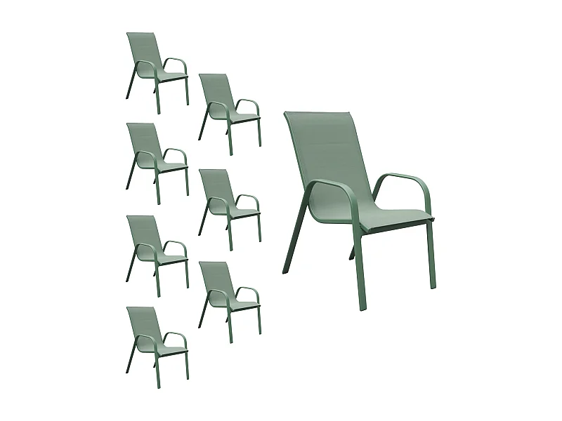 Lot de 8 chaises MARBELLA en textilène vert sauge - aluminium vert sauge - HAPPY GARDEN