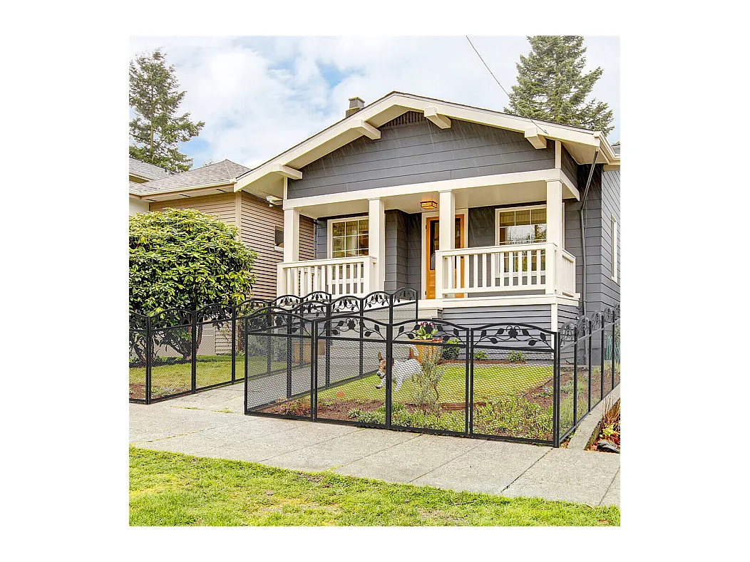 Set aus 5 dekorativen Gartenzaunelementen aus Metall mit Verzierungen – Gesamtmaße 300L x 110H cm – Schwarz