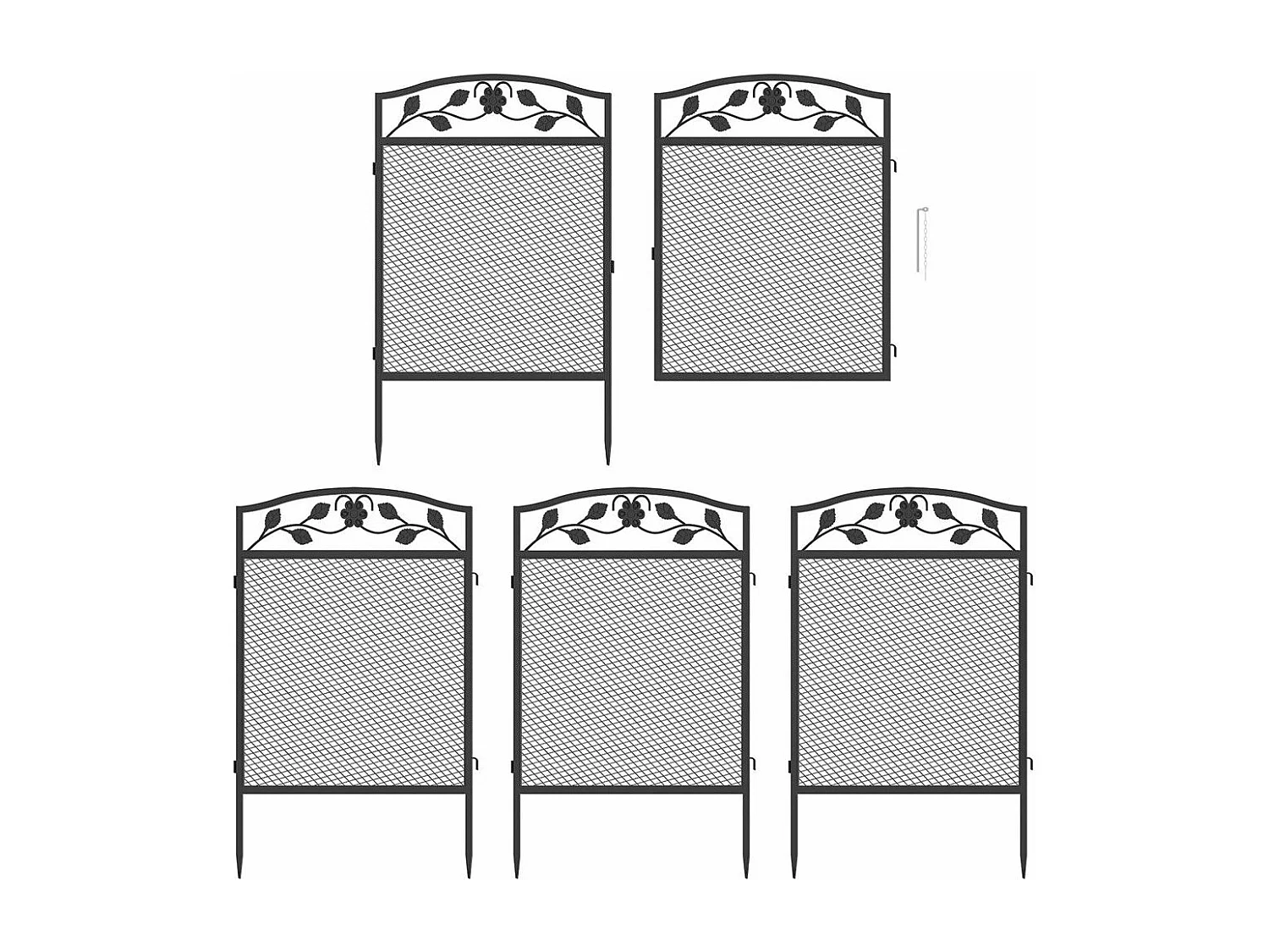 Set aus 5 dekorativen Gartenzaunelementen aus Metall mit Verzierungen – Gesamtmaße 300L x 110H cm – Schwarz