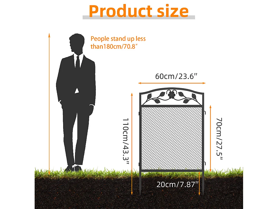 Set aus 5 dekorativen Gartenzaunelementen aus Metall mit Verzierungen – Gesamtmaße 300L x 110H cm – Schwarz