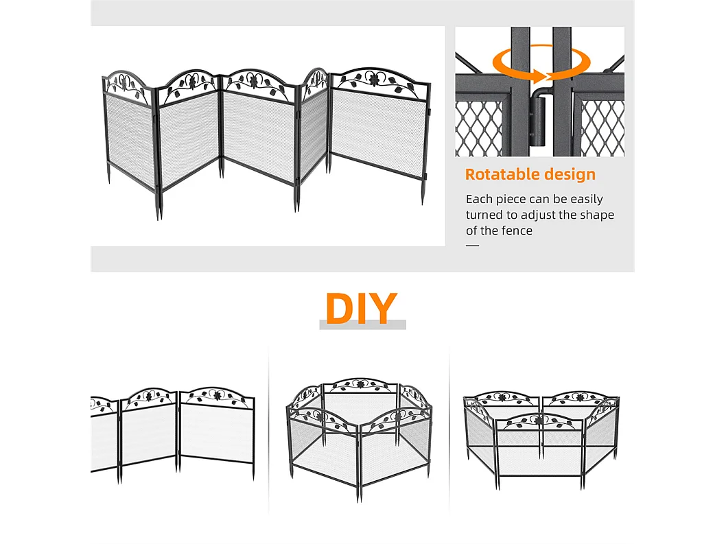 Set aus 5 dekorativen Gartenzaunelementen aus Metall mit Verzierungen – Gesamtmaße 300L x 110H cm – Schwarz