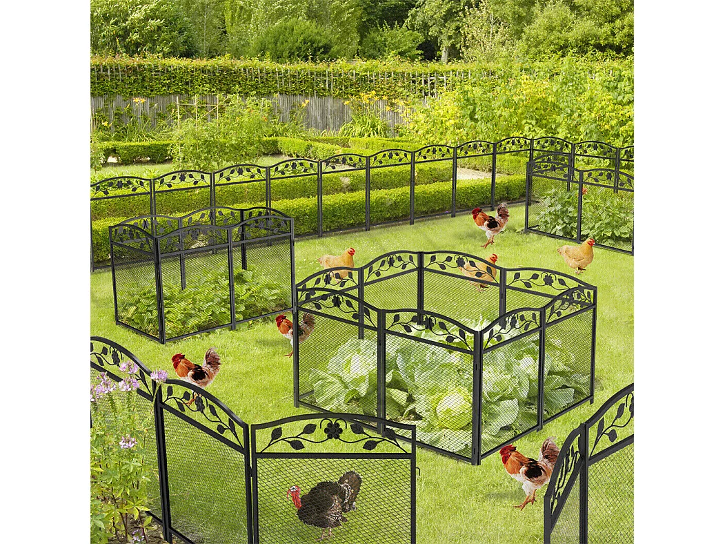 Set aus 5 dekorativen Gartenzaunelementen aus Metall mit Verzierungen – Gesamtmaße 300L x 110H cm – Schwarz