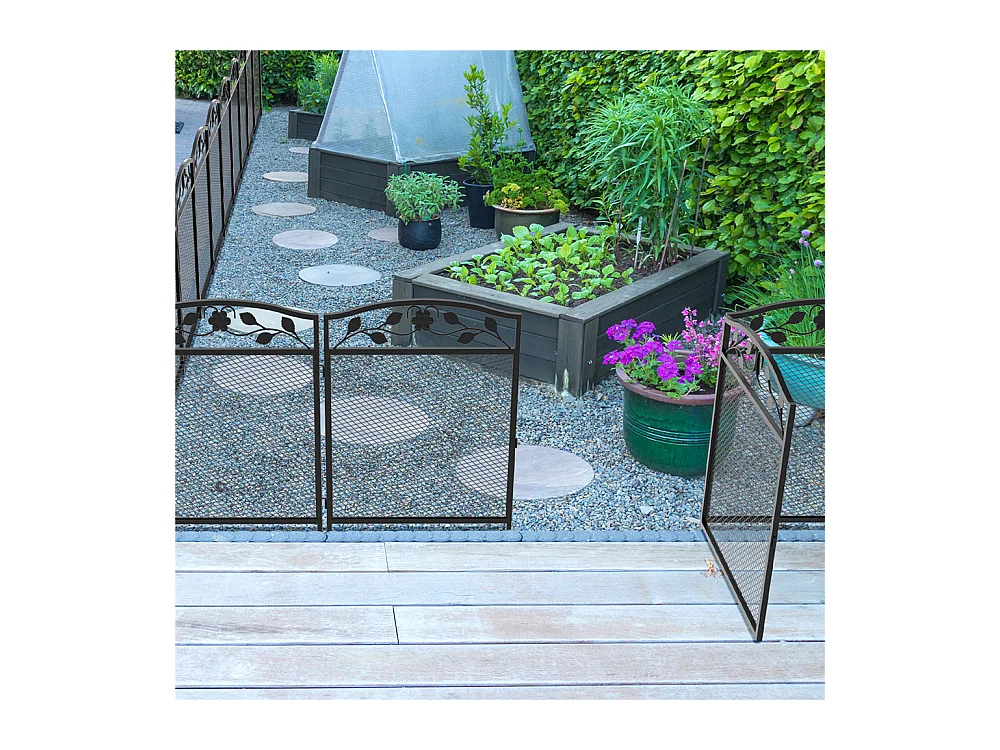 Set aus 5 dekorativen Gartenzaunelementen aus Metall mit Verzierungen – Gesamtmaße 300L x 110H cm – Schwarz