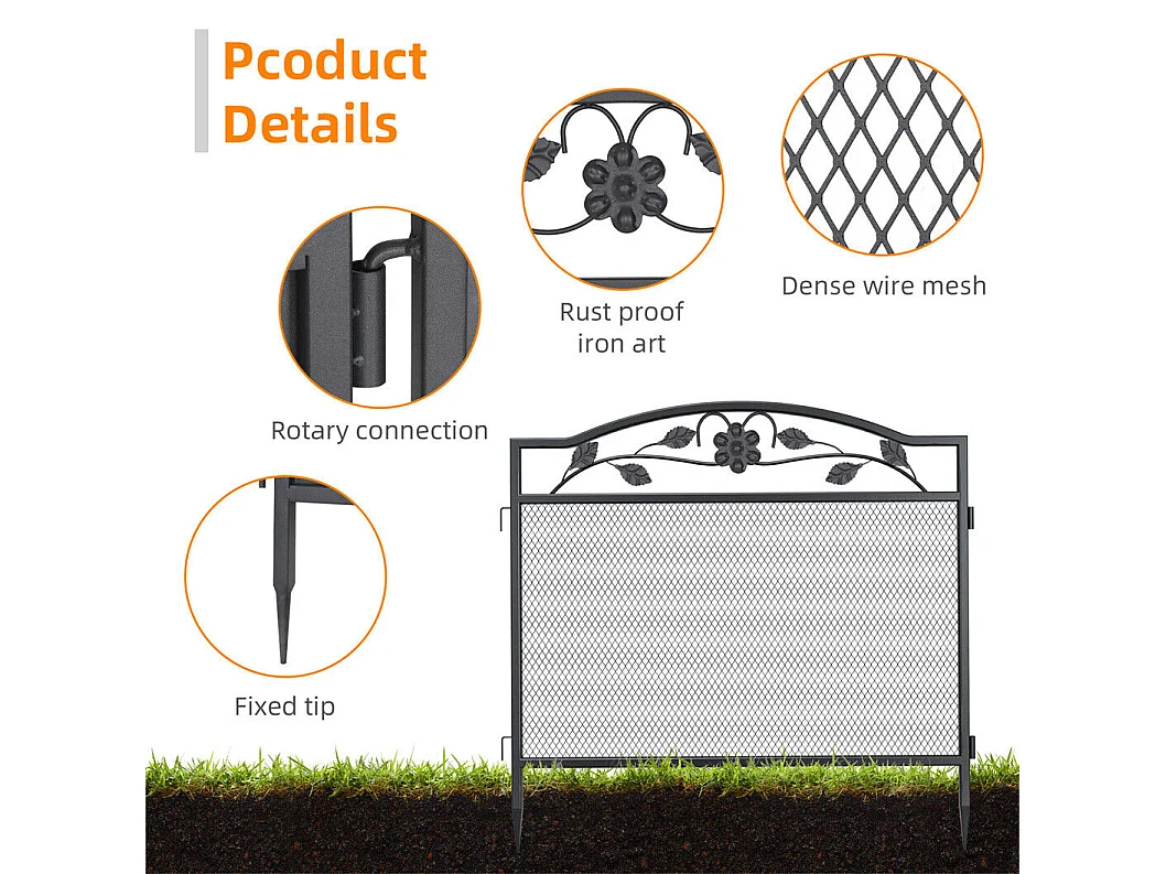 Lot de 5 clôtures de jardin décoratives en métal avec ornements - dim. totales 300L x 110H cm - noir