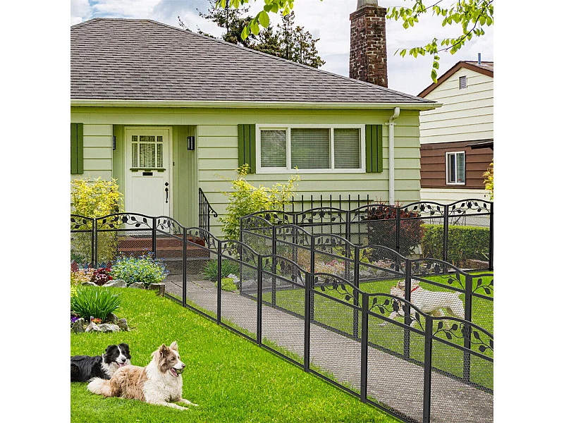 Set aus 5 dekorativen Gartenzaunelementen aus Metall mit Verzierungen – Gesamtmaße 410L x 90H cm – Schwarz