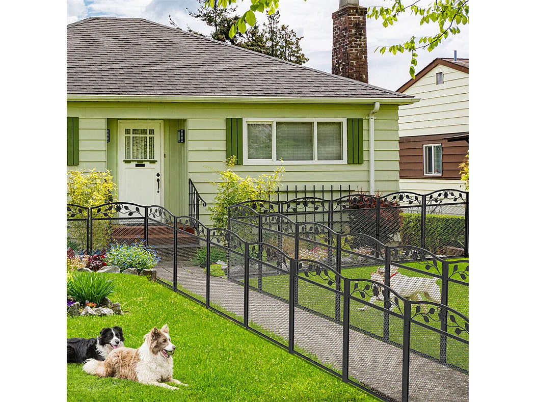 Lot de 5 clôtures de jardin décoratives en métal avec ornements - dim. totales 410L x 90H cm - noir