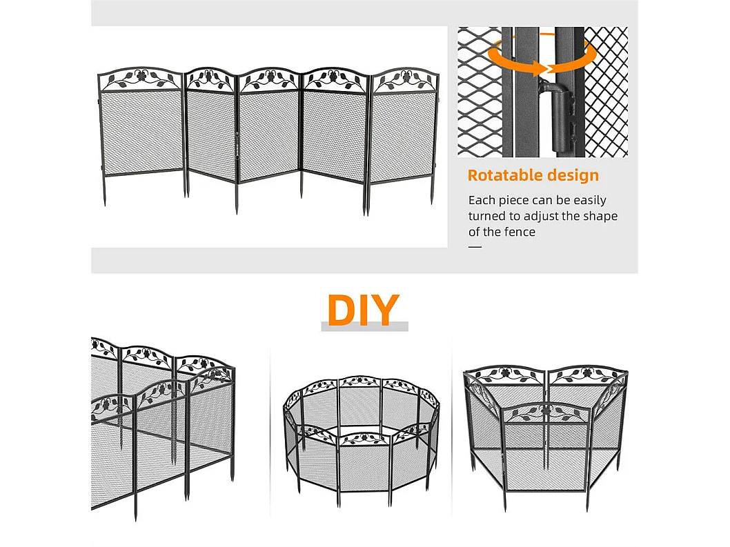 Lot de 5 clôtures de jardin décoratives en métal avec ornements - dim. totales 410L x 90H cm - noir