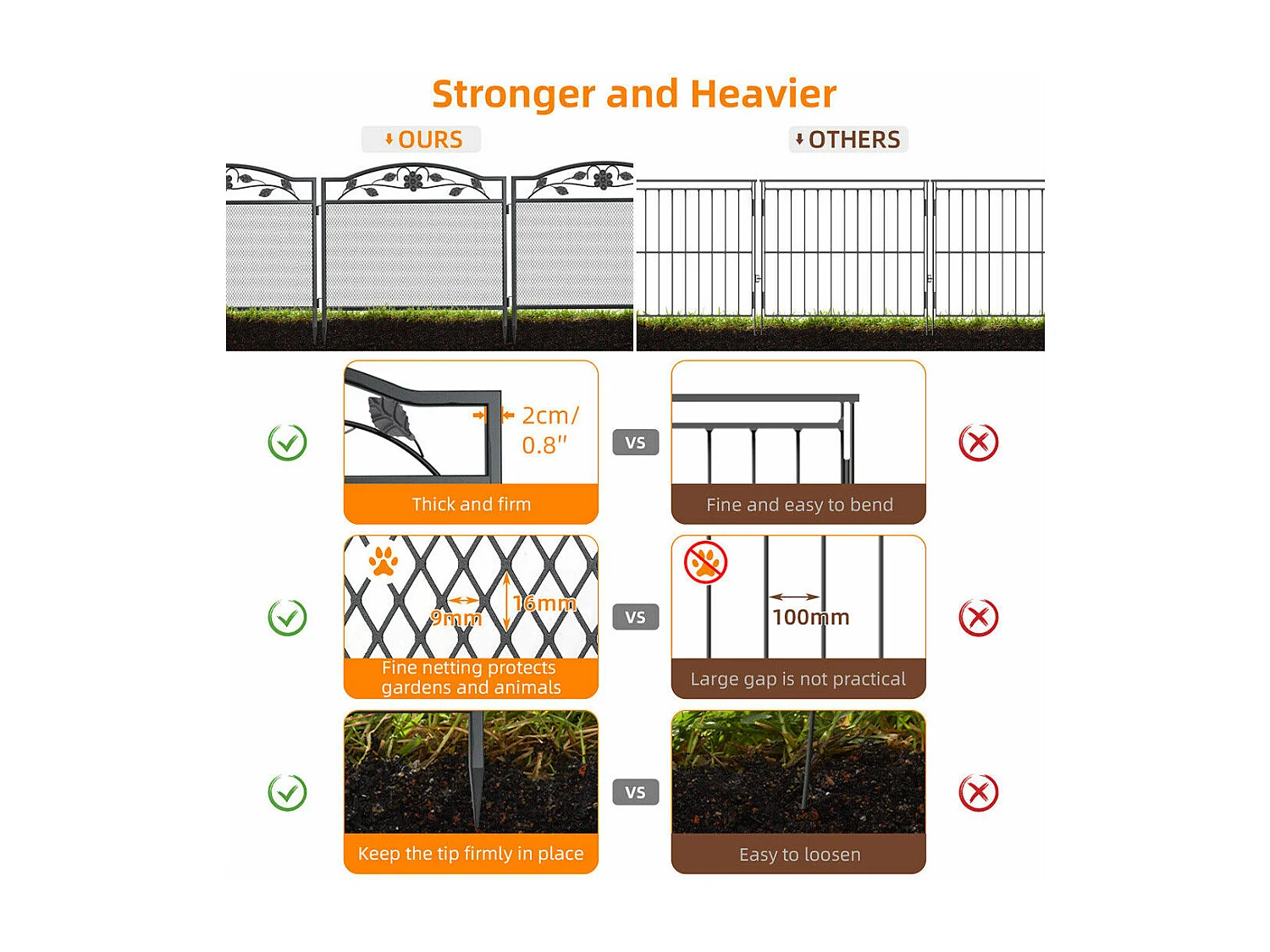 Lot de 5 clôtures de jardin décoratives en métal avec ornements - dim. totales 410L x 90H cm - noir