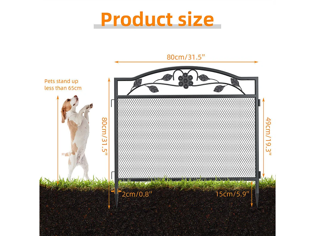 Lot de 5 clôtures de jardin décoratives en métal avec ornements - dim. totales 410L x 90H cm - noir