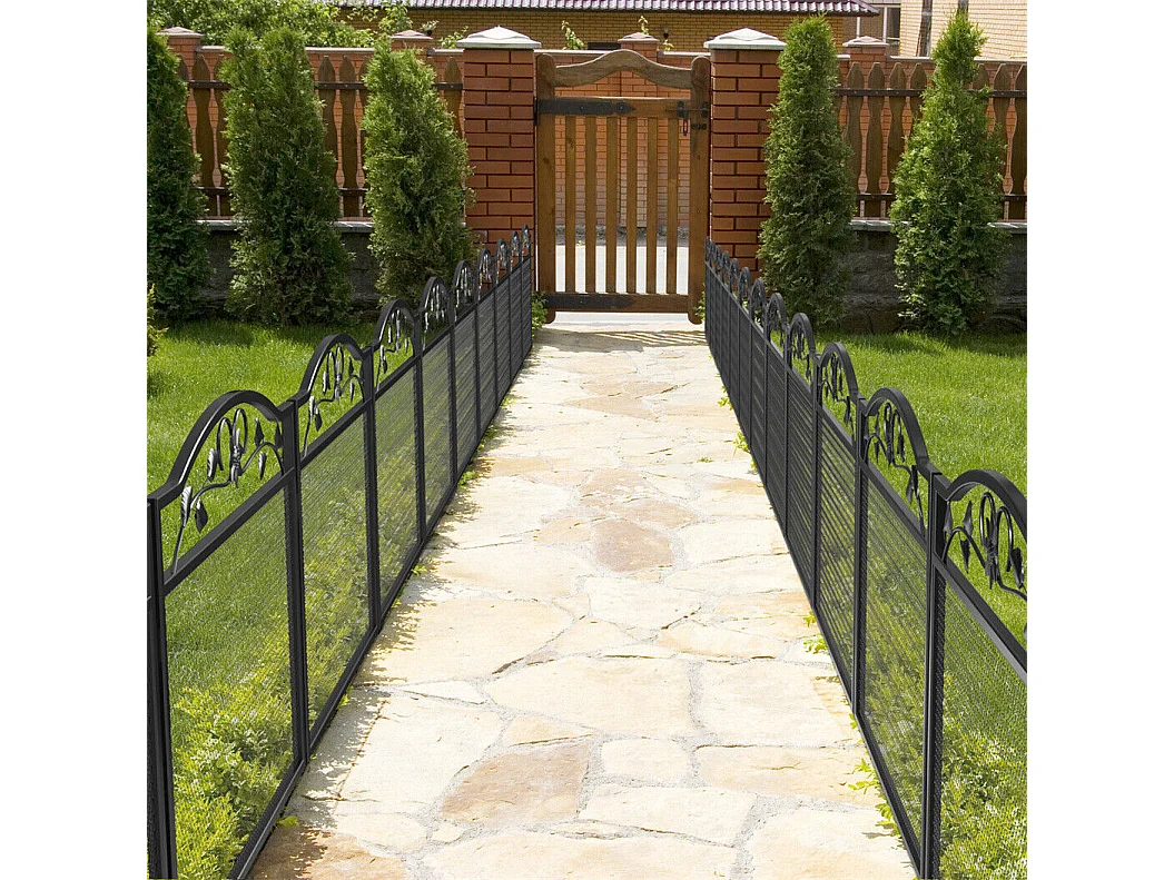 Lot de 5 clôtures de jardin décoratives en métal avec ornements - dim. totales 410L x 90H cm - noir