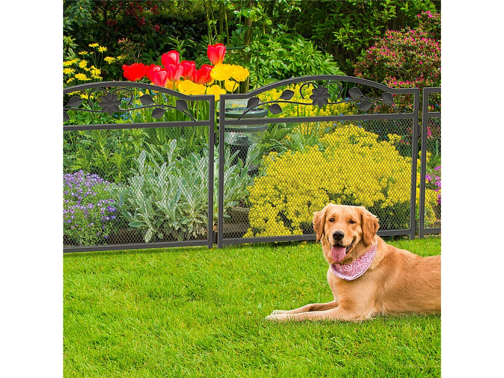 Lot de 5 clôtures de jardin décoratives en métal avec ornements - dim. totales 410L x 90H cm - noir