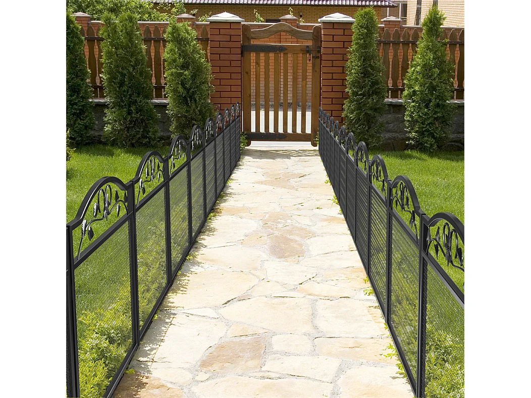 Lot de 5 clôtures de jardin décoratives en métal avec ornements - dim. totales 410L x 90H cm - noir