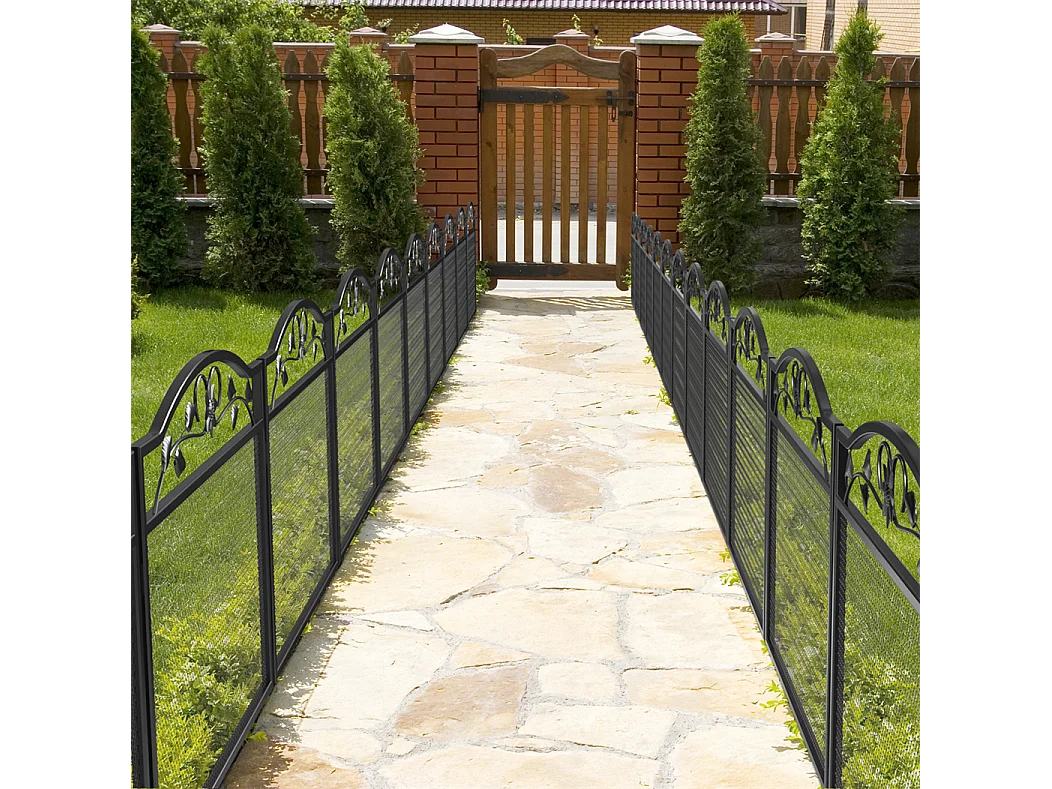 Lot de 5 clôtures de jardin décoratives en métal avec ornements - dim. totales 410L x 90H cm - noir