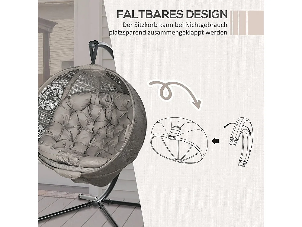 Fauteuil suspendu chaise de jardin en osier, style boho, 116 x 125 x 172 cm, sable + noir