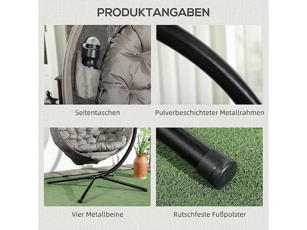 Fauteuil suspendu chaise de jardin en osier, style boho, 116 x 125 x 172 cm, sable + noir