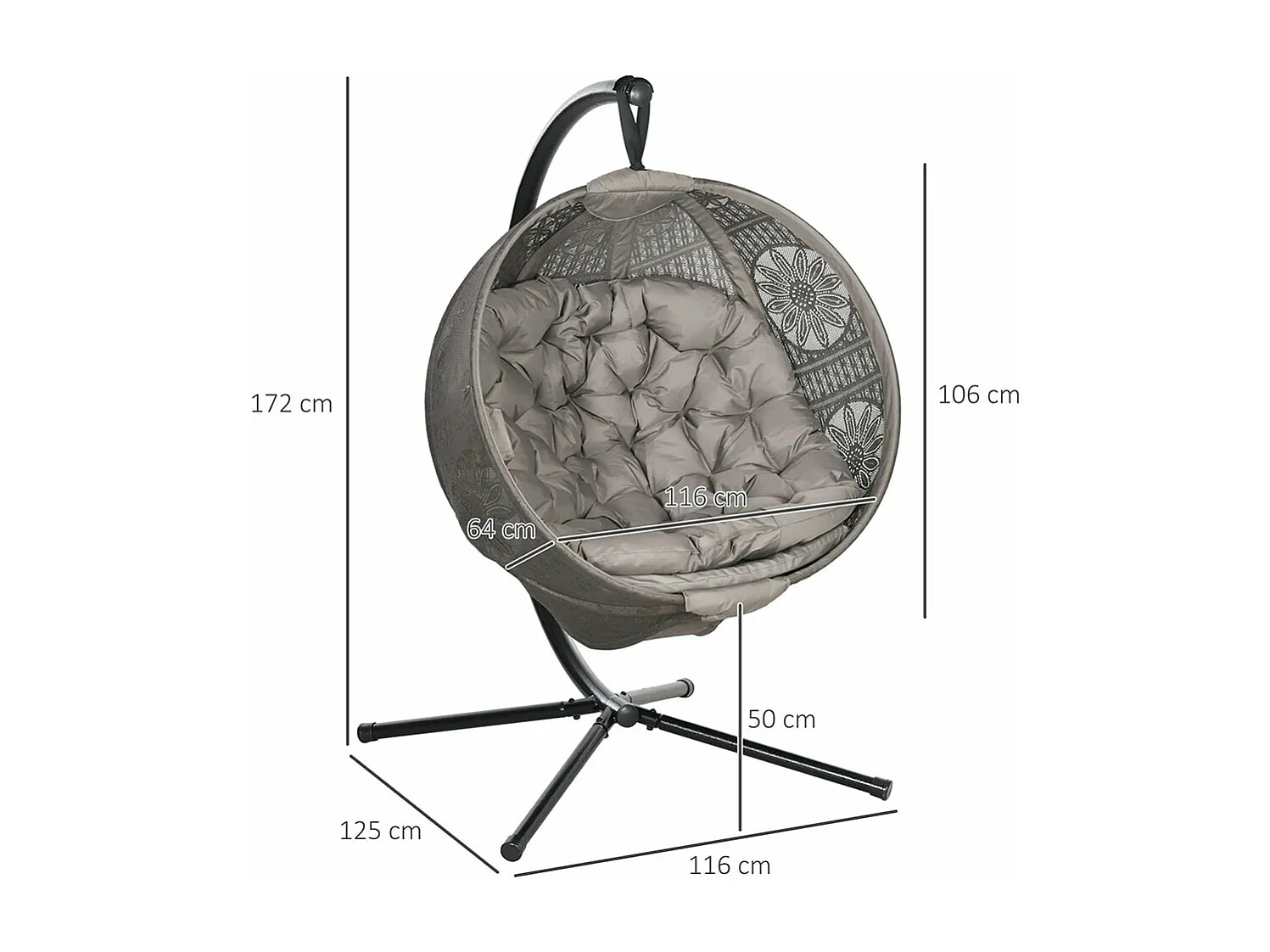 Fauteuil suspendu chaise de jardin en osier, style boho, 116 x 125 x 172 cm, sable + noir