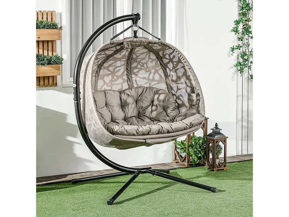 Hangstoel, voor 2 personen, opvouwbare zitmand, groot zitkussen, zand, 130 x 103 x 172 cm