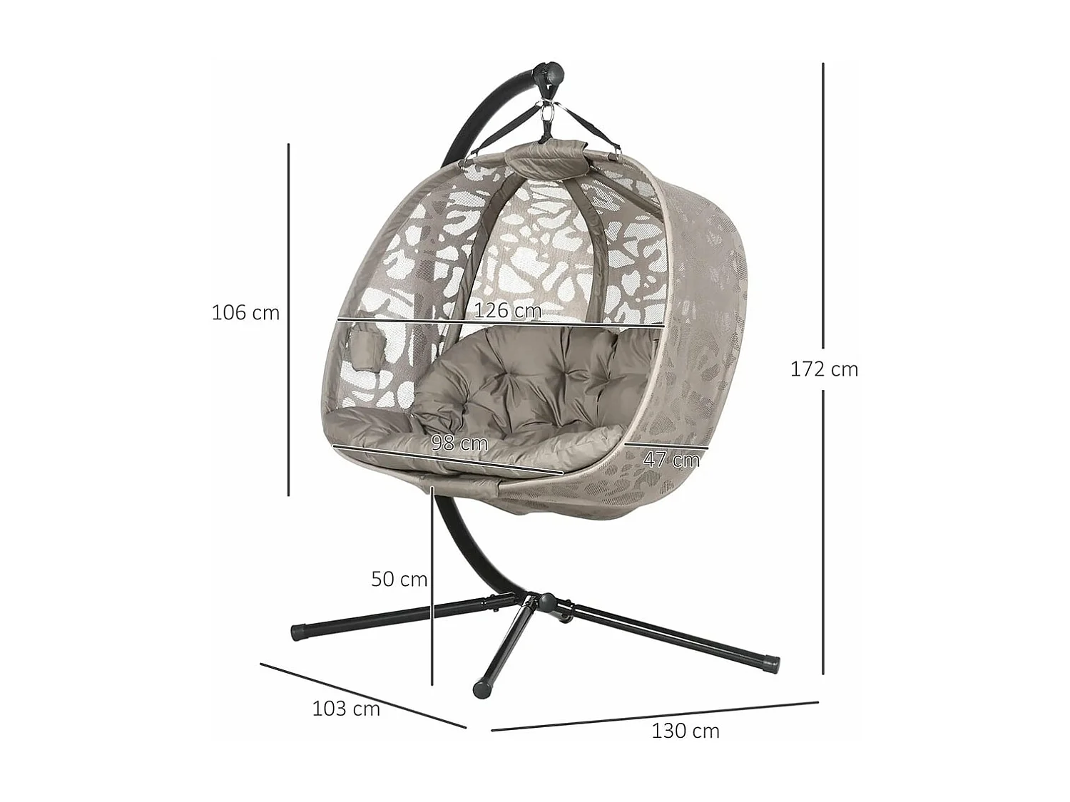 Hangstoel, voor 2 personen, opvouwbare zitmand, groot zitkussen, zand, 130 x 103 x 172 cm