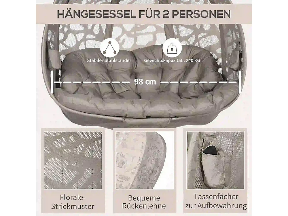 Hangstoel, voor 2 personen, opvouwbare zitmand, groot zitkussen, zand, 130 x 103 x 172 cm