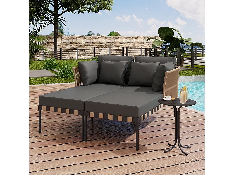 Sonnenbad - Gartensofa - Gartenliege, demontierbar und modulierbar - aus galvanisiertem Eisen und Rattan - 2 Plätze - grau