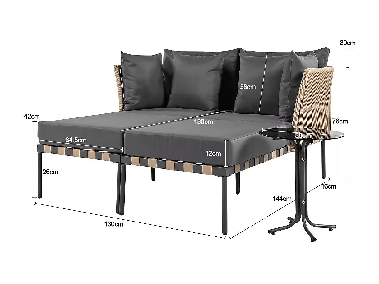 Sonnenbad - Gartensofa - Gartenliege, demontierbar und modulierbar - aus galvanisiertem Eisen und Rattan - 2 Plätze - grau