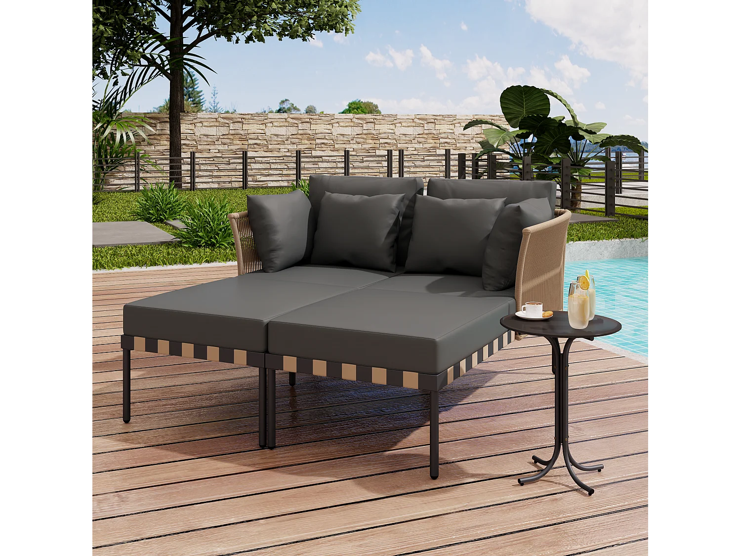 Bain de soleil - canapé de jardin - chaise longue de jardin démontable et modulable - en fer galvanisé et Rotin - 2 places - Gris