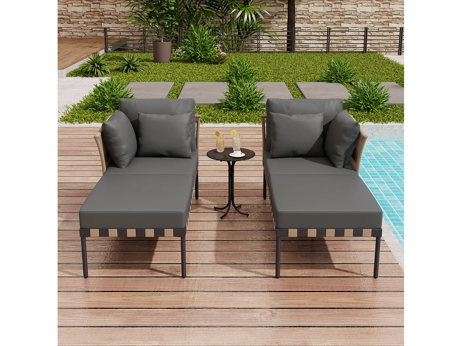 Bain de soleil - canapé de jardin - chaise longue de jardin démontable et modulable - en fer galvanisé et Rotin - 2 places - Gris