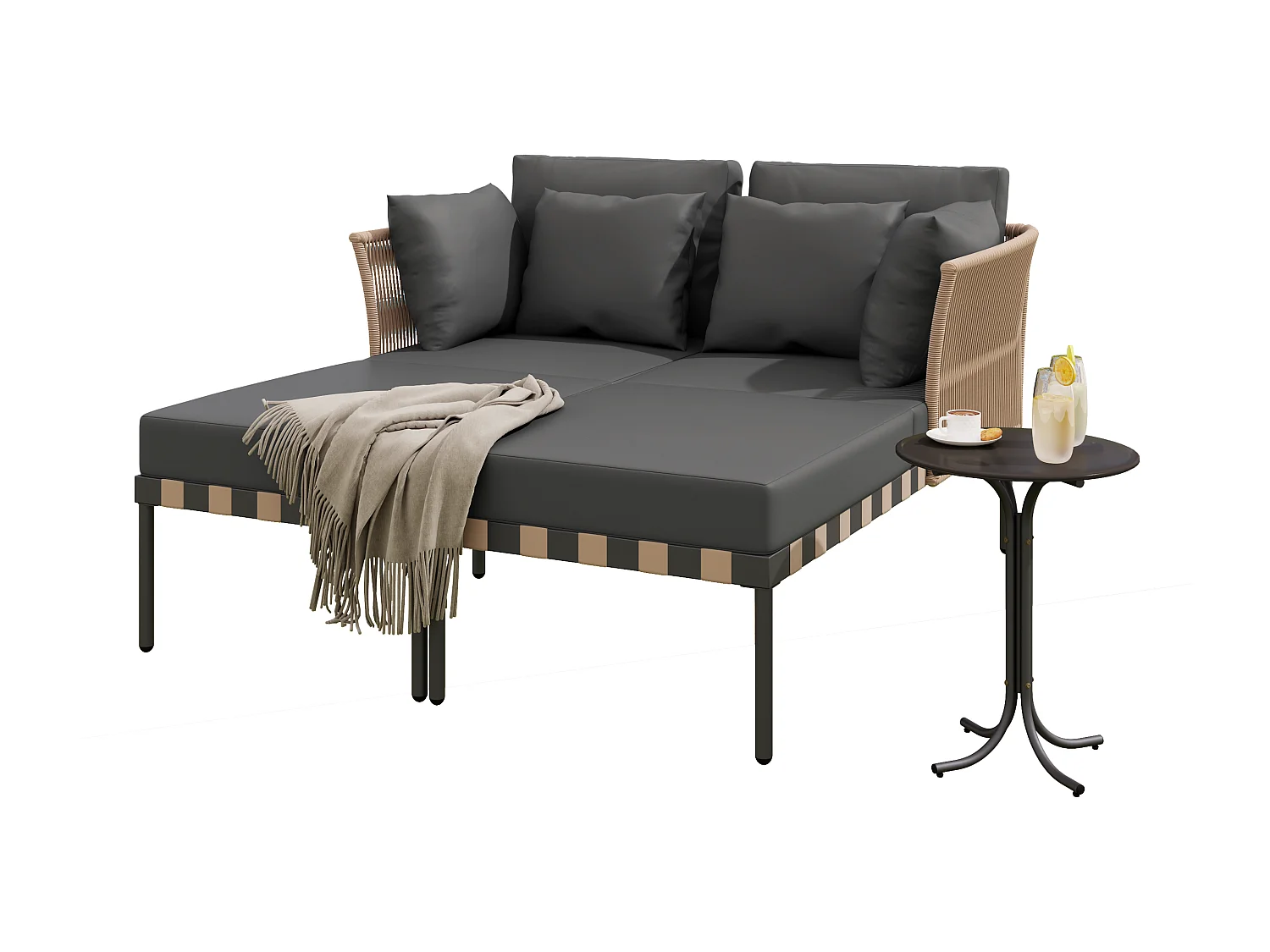 Bain de soleil - canapé de jardin - chaise longue de jardin démontable et modulable - en fer galvanisé et Rotin - 2 places - Gris