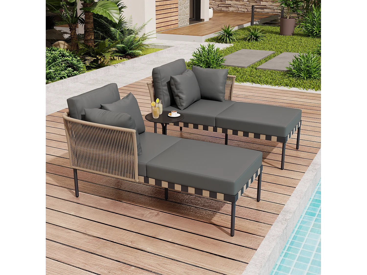 Bain de soleil - canapé de jardin - chaise longue de jardin démontable et modulable - en fer galvanisé et Rotin - 2 places - Gris