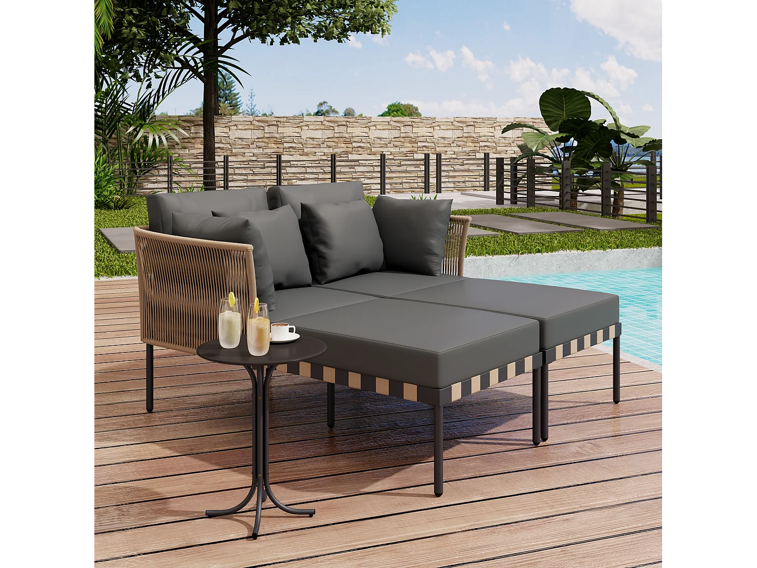 Bain de soleil - canapé de jardin - chaise longue de jardin démontable et modulable - en fer galvanisé et Rotin - 2 places - Gris