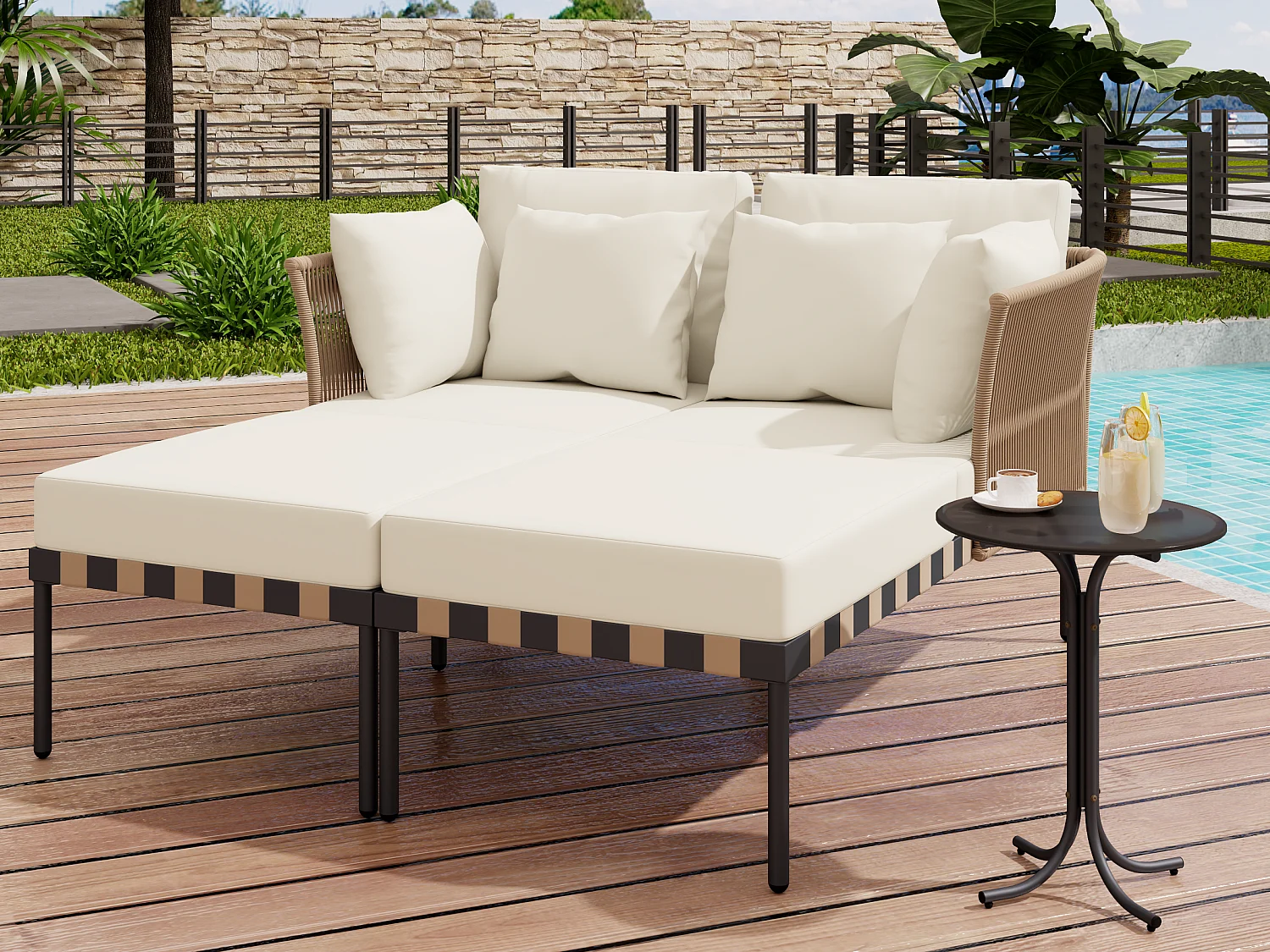 Bagno di sole - Divano da giardino - Poltrona lunga da giardino rimovibile e modulabile - ferro galvanizzato e vimini - 2 posizioni - beige