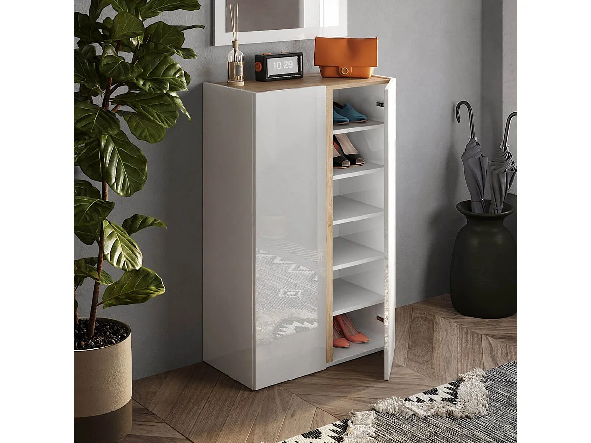 KADER - Meuble à chaussures 2 portes blanc et aspect bois finition Cadiz