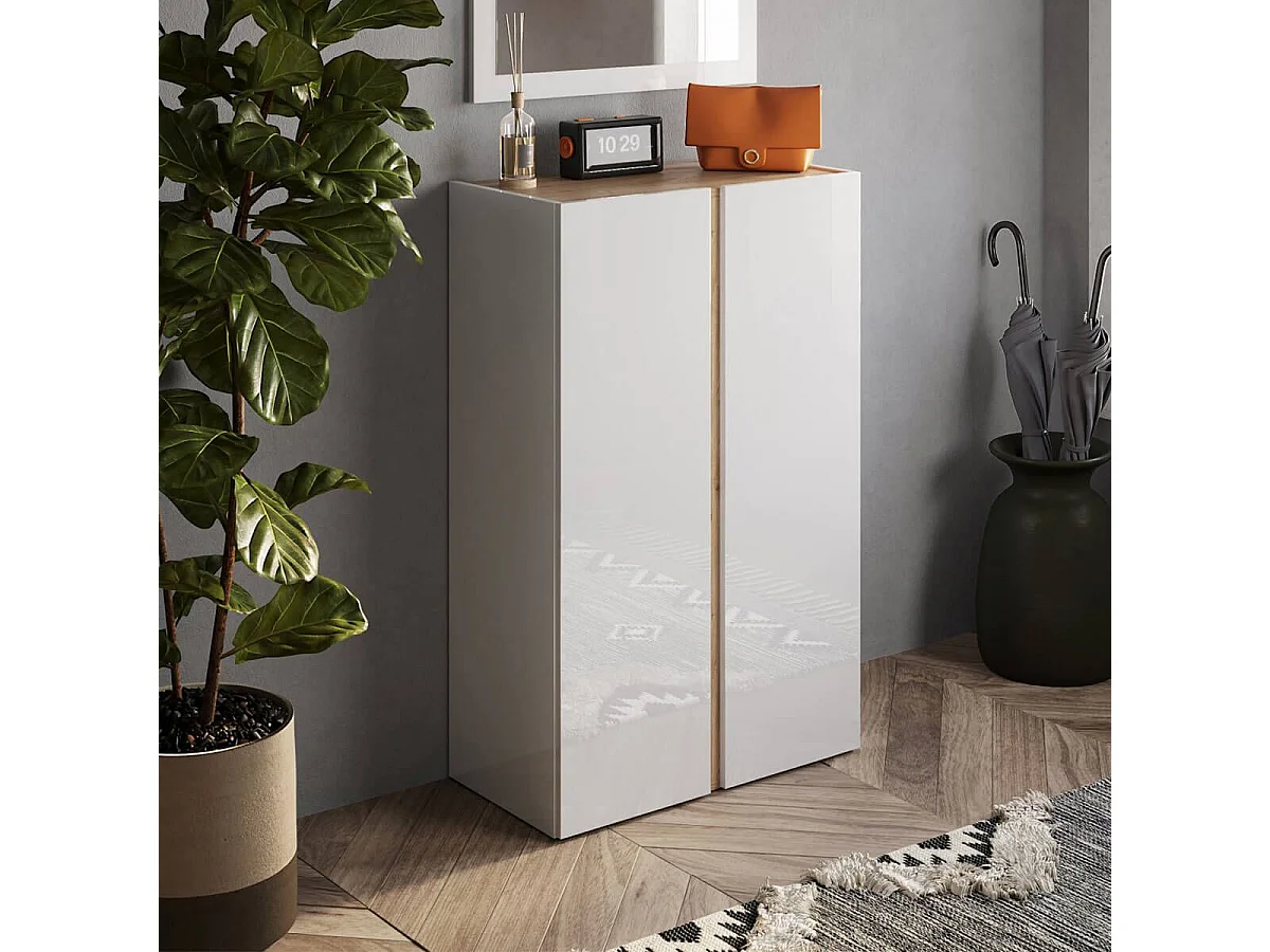 KADER - Meuble à chaussures 2 portes blanc et aspect bois finition Cadiz