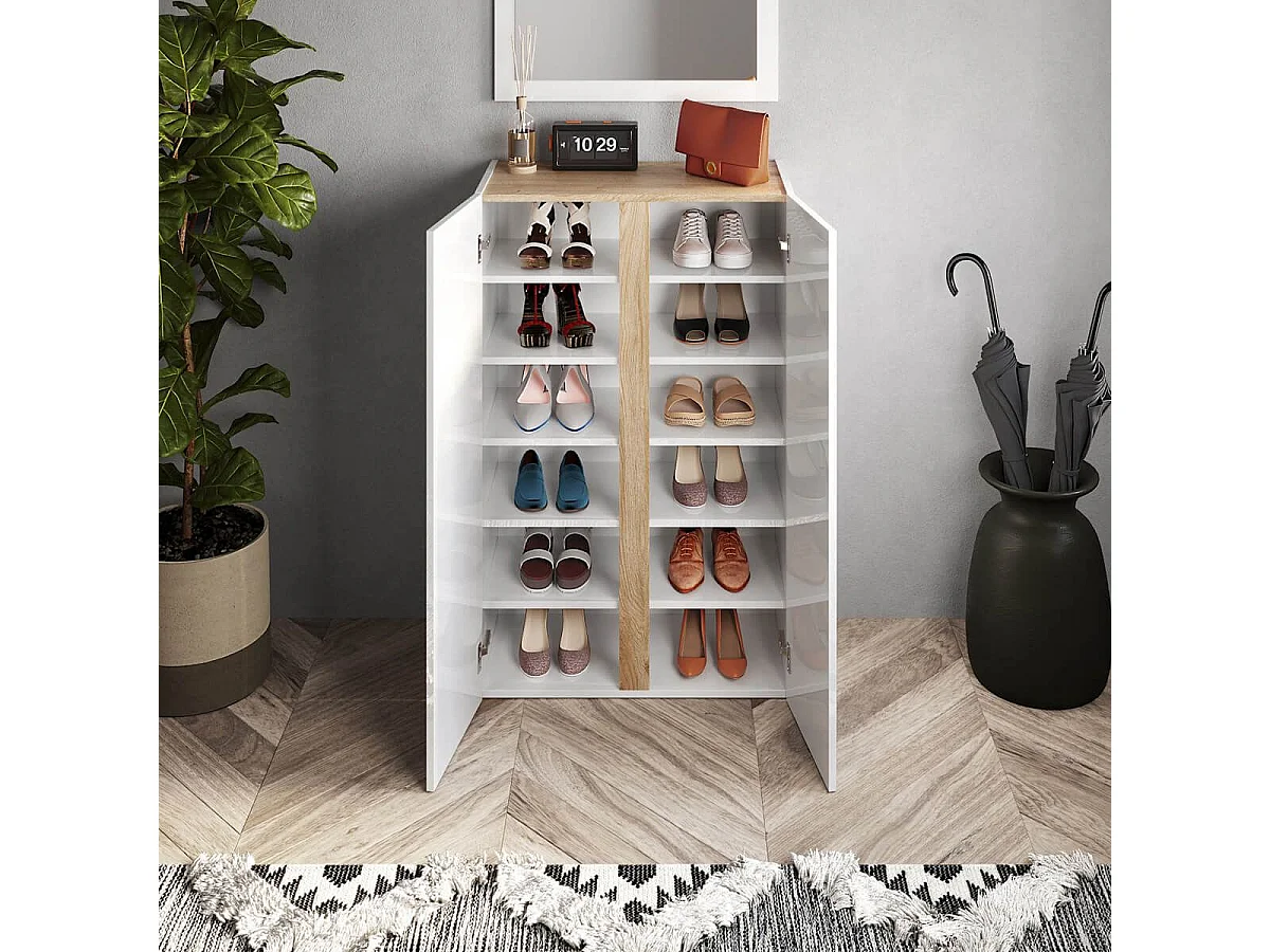 KADER - Meuble à chaussures 2 portes blanc et aspect bois finition Cadiz