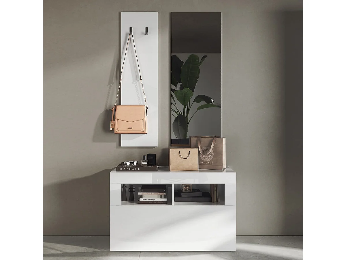 OTELLO - Meuble à chaussures avec miroir et portemanteau muraux Blanc Laqué Weiss