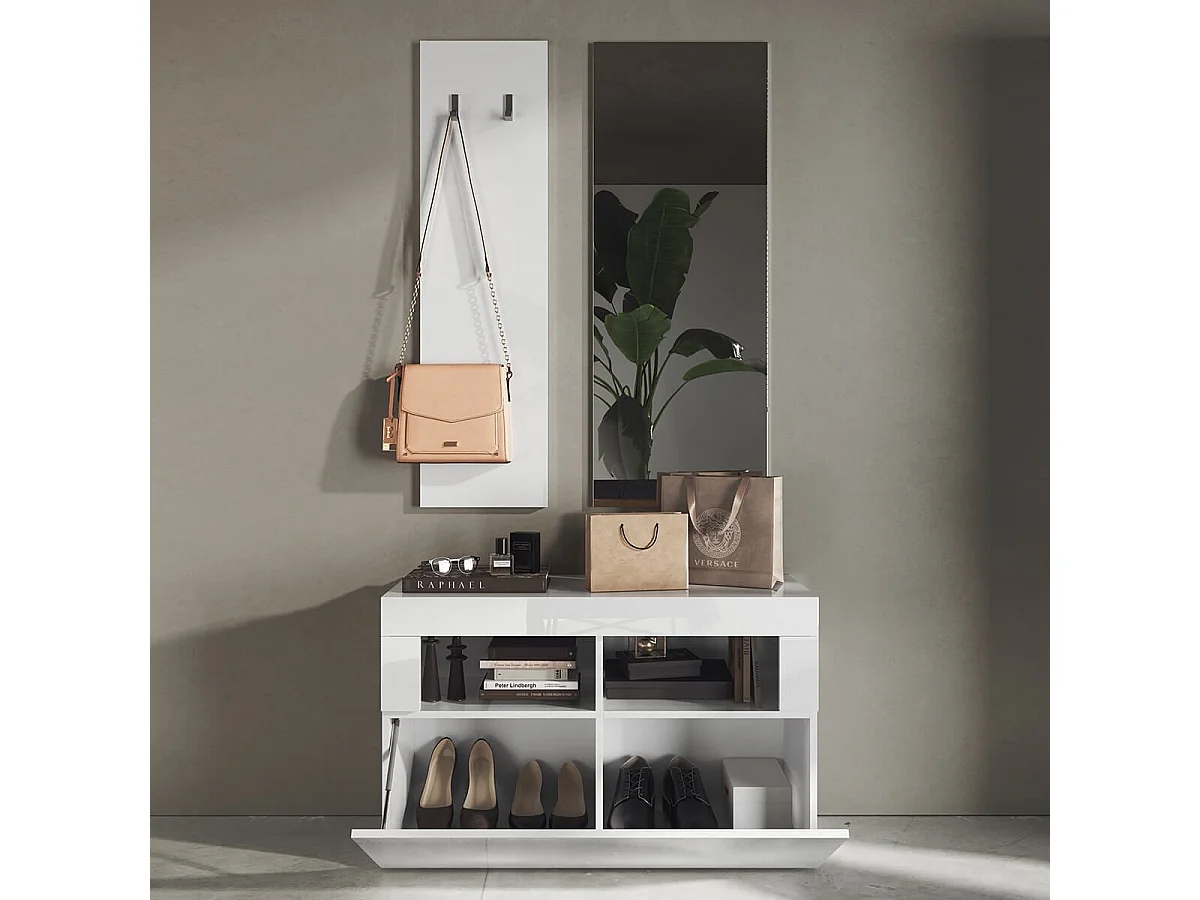OTELLO - Meuble à chaussures avec miroir et portemanteau muraux Blanc Laqué Weiss